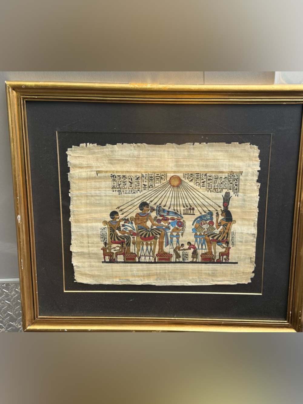 Egyptian Papyrus Painting Akhenaten & Nefertiti Amarna Royal Family Framed Art‎